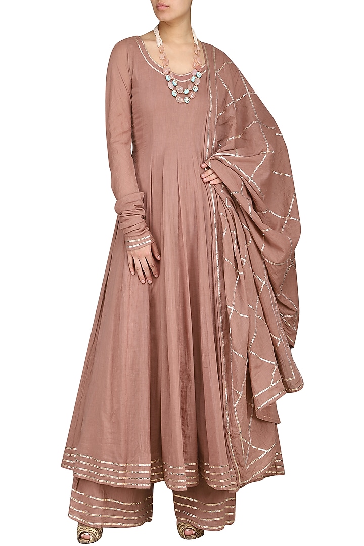Champagne gold embroidered anarakali set available only at Pernia's Pop Up Shop.