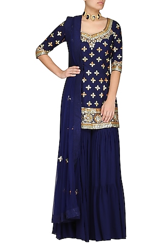 Dark Blue Embroidered Sharara Set by Esha Koul