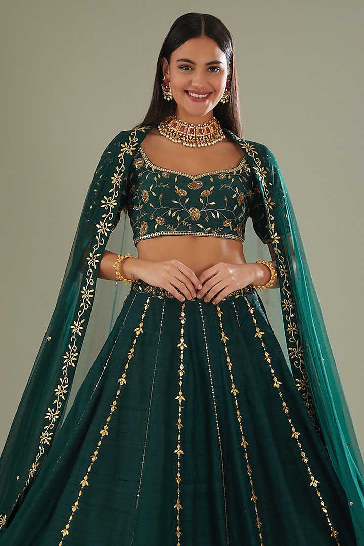 Mehendi Green Embroidered Wedding Lehenga Set by Esha Koul at Pernia's Pop Up Shop
