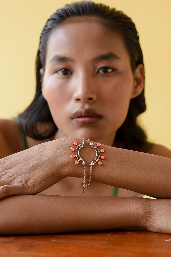 White Rhodium Finish Orange Swarovski Tennis Bracelet by ESME at Pernia's Pop Up Shop