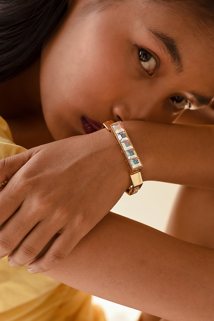 White Rhodium Finish Gold Swarovski Crystal Statement Bracelet by ESME at Pernia's Pop Up Shop