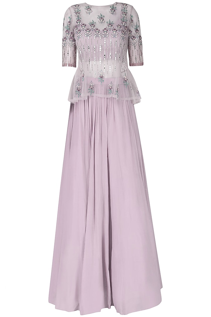 Light Lavender Embroidered Gathered Skirt Set by Ek Soot