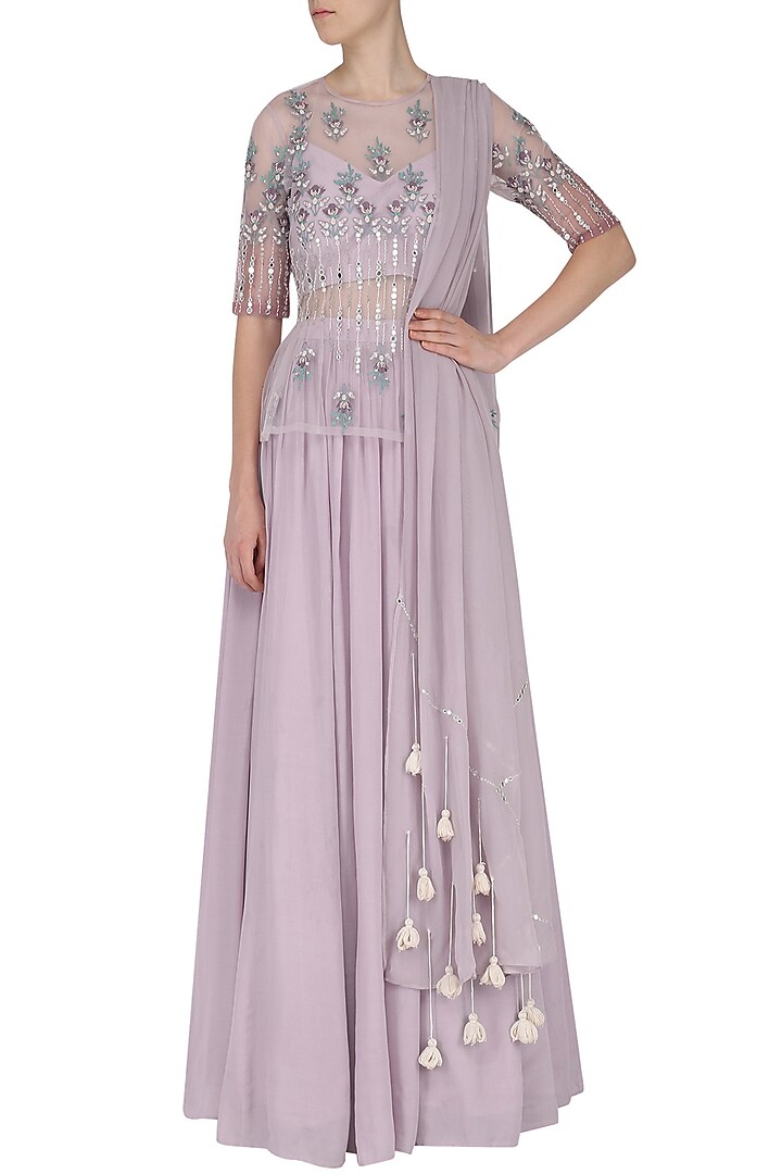 Light lavender embroidered gathered skirt set available only at Pernia's Pop Up Shop.