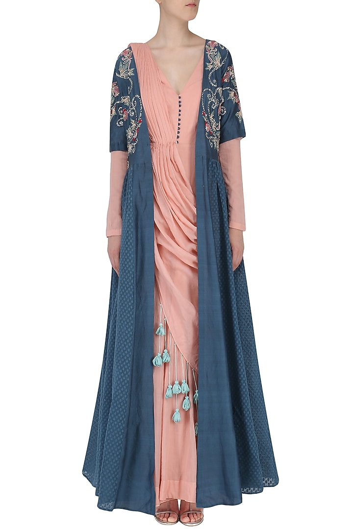 Peach anarkali and dusky blue jacket set available only at Pernia's Pop Up Shop.