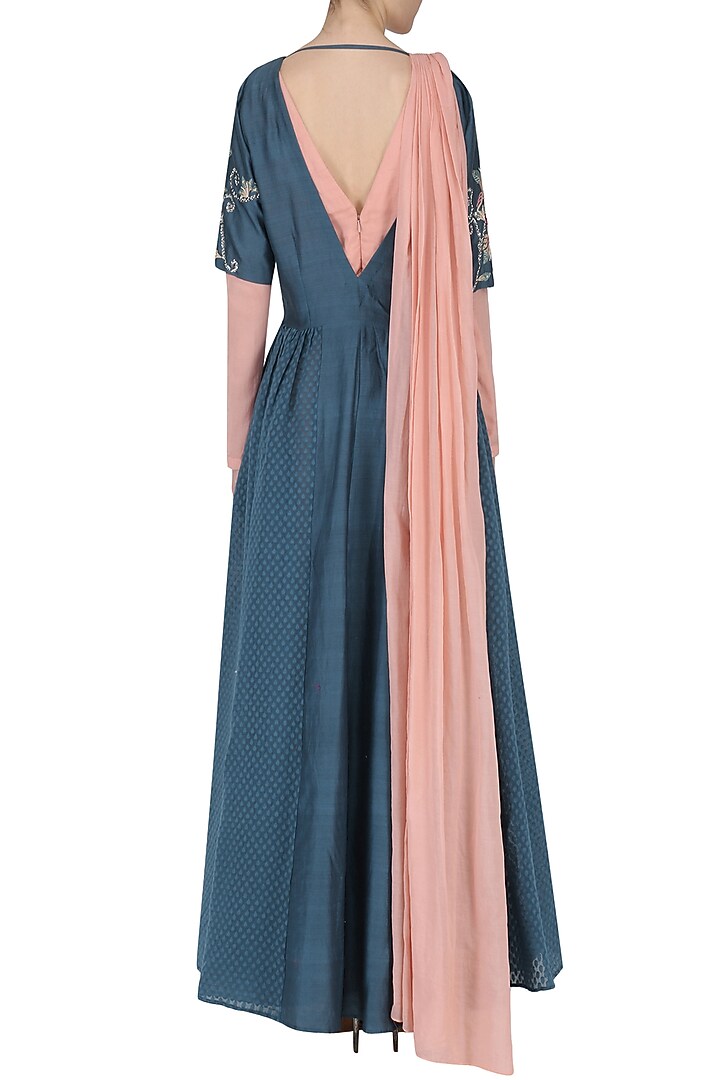 Peach anarkali and dusky blue jacket set available only at Pernia's Pop Up Shop.
