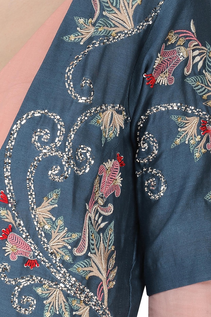 Peach anarkali and dusky blue jacket set available only at Pernia's Pop Up Shop.