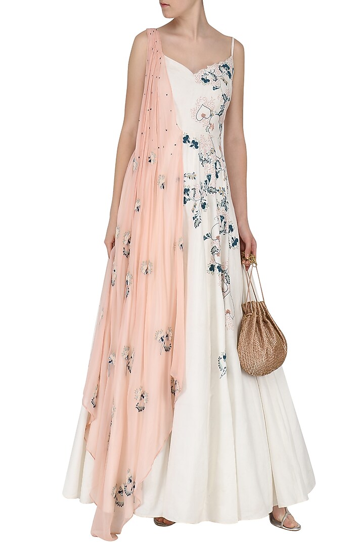 Off white embroidered draped anarkali available only at Pernia's Pop Up Shop.
