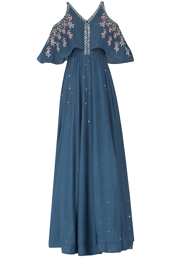 Dusky Blue Embroidered Anarkali Gown by Ek Soot