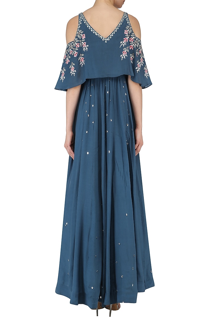 Dusky blue embroidered anarkali gown available only at Pernia's Pop Up Shop.
