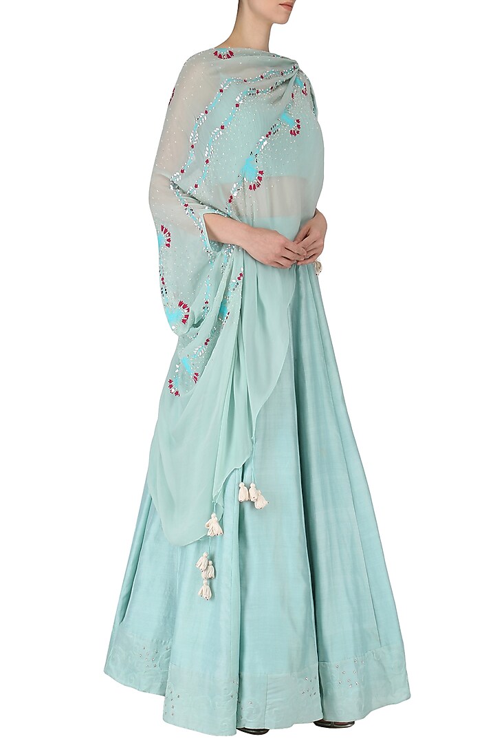 Duck egg blue embroidered skirt set available only at Pernia's Pop Up Shop.