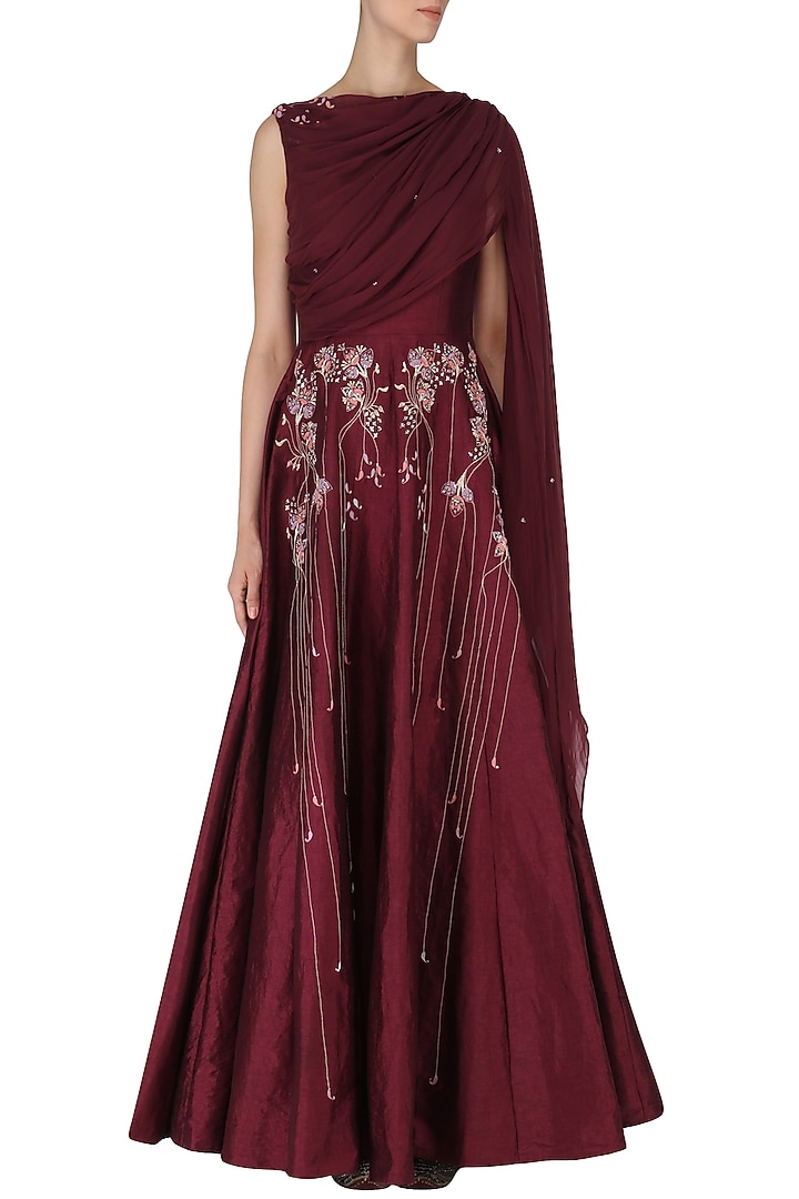 Burgundy embroidered anarkali gown available only at Pernia's Pop Up Shop.