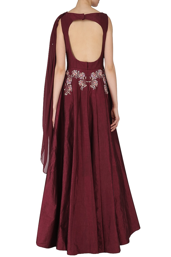 Burgundy embroidered anarkali gown available only at Pernia's Pop Up Shop.