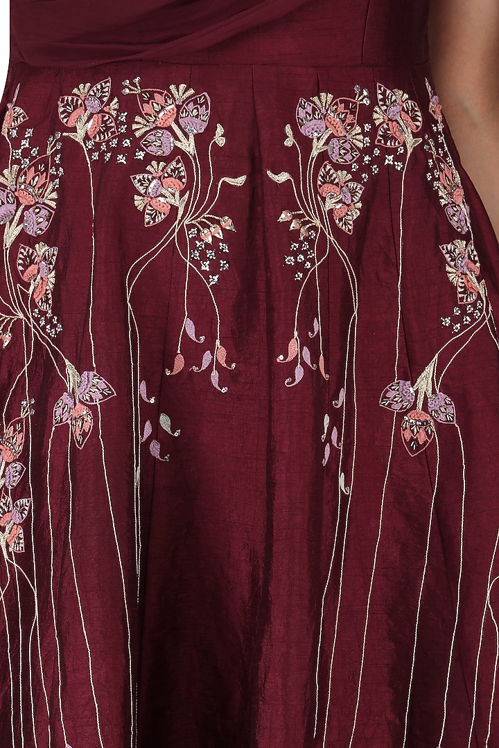 Burgundy embroidered anarkali gown available only at Pernia's Pop Up Shop.