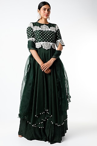 Deep Green Silk Skirt Set by Ek Soot
