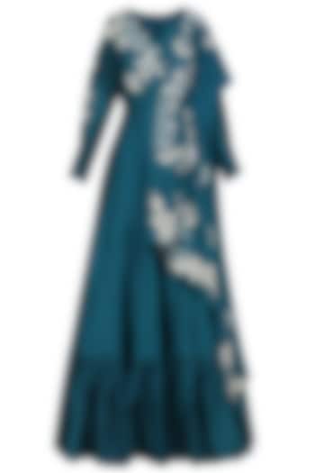 Teal applique anarkali gown with attached dupatta available only at Pernia's Pop Up Shop.