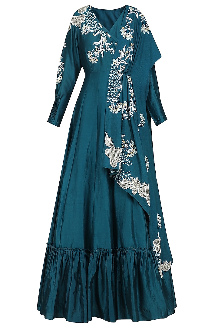 Teal Embroidered Anarkali Gown by Ek Soot
