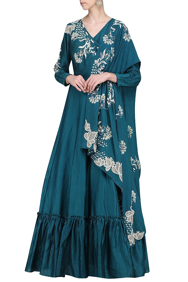 Teal applique anarkali gown with attached dupatta available only at Pernia's Pop Up Shop.