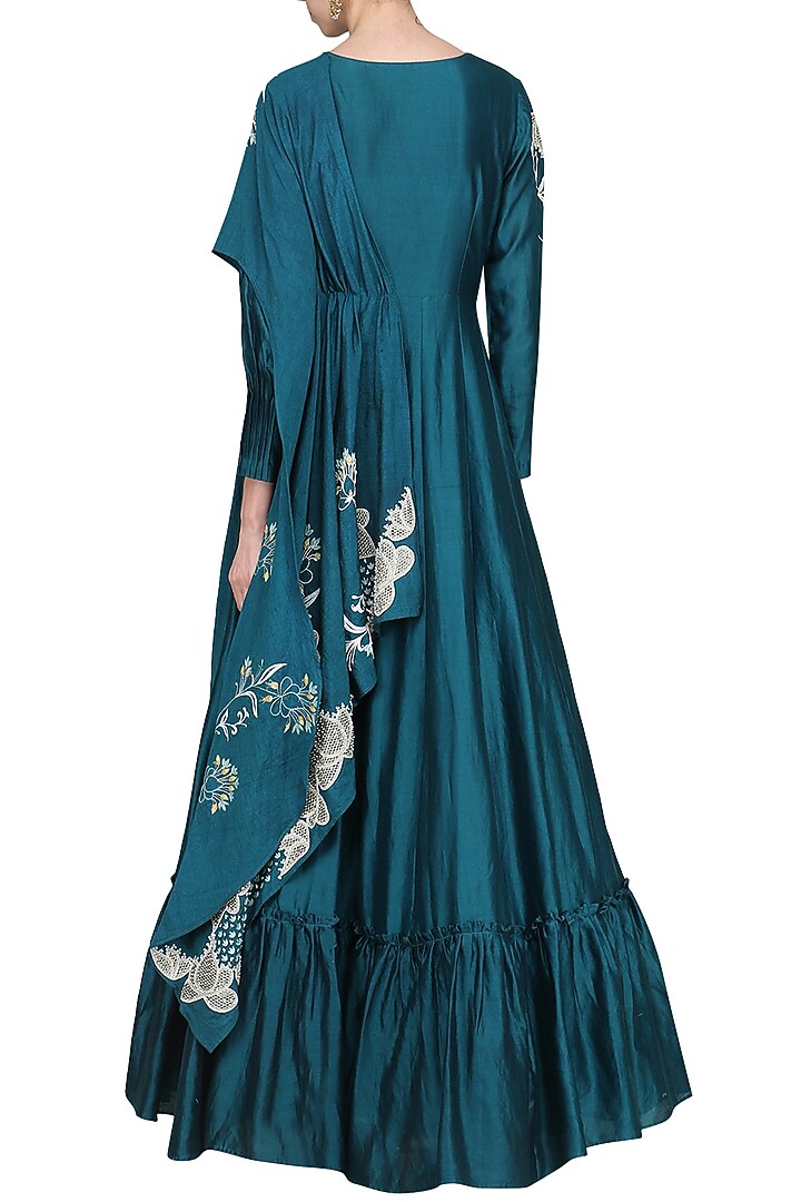 Teal applique anarkali gown with attached dupatta available only at Pernia's Pop Up Shop.