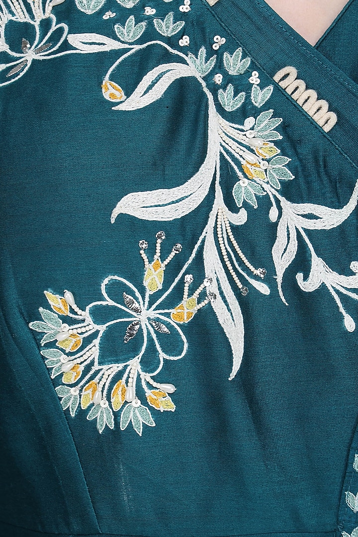 Teal applique anarkali gown with attached dupatta available only at Pernia's Pop Up Shop.
