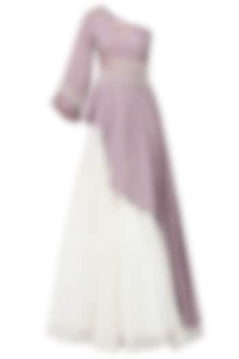 Lavender Embroidered Asymmetrical Peplum Top with Ivory Lehenga Skirt by Ek Soot
