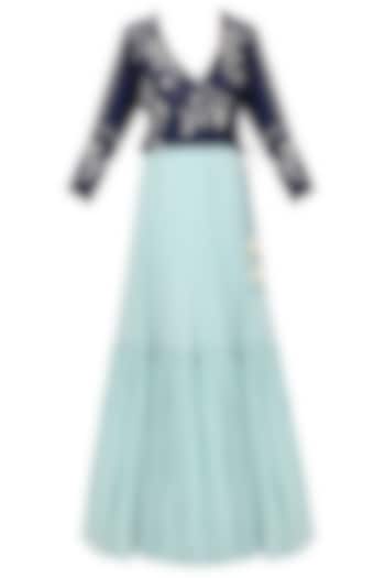 Aqua blue tiered anarkali with embroidered jacket available only at Pernia's Pop Up Shop.