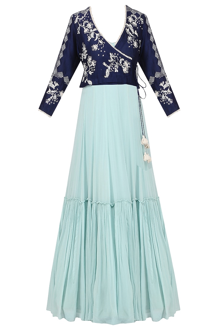 Aqua blue tiered anarkali with embroidered jacket available only at Pernia's Pop Up Shop.