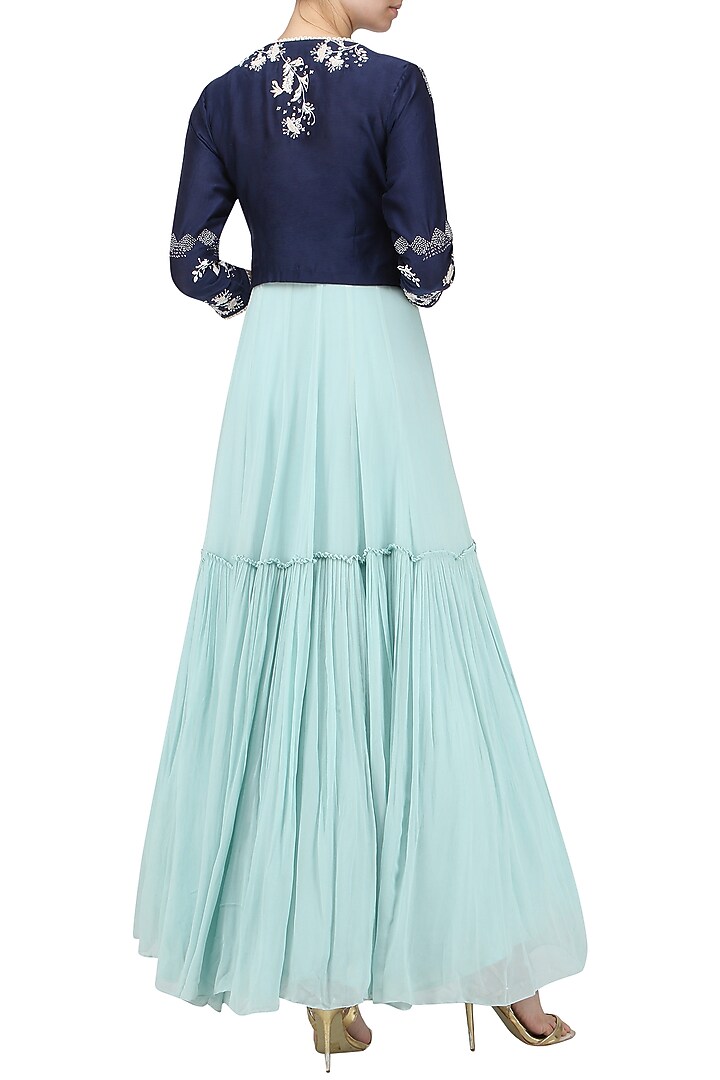 Aqua blue tiered anarkali with embroidered jacket available only at Pernia's Pop Up Shop.