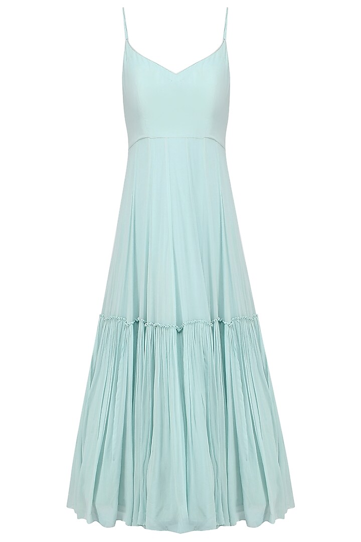 Aqua blue tiered anarkali with embroidered jacket available only at Pernia's Pop Up Shop.