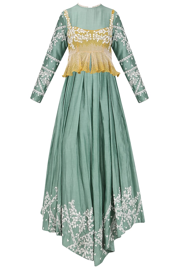 Sage Green Embroidered Anarkali with Mustard Peplum Top by Ek Soot