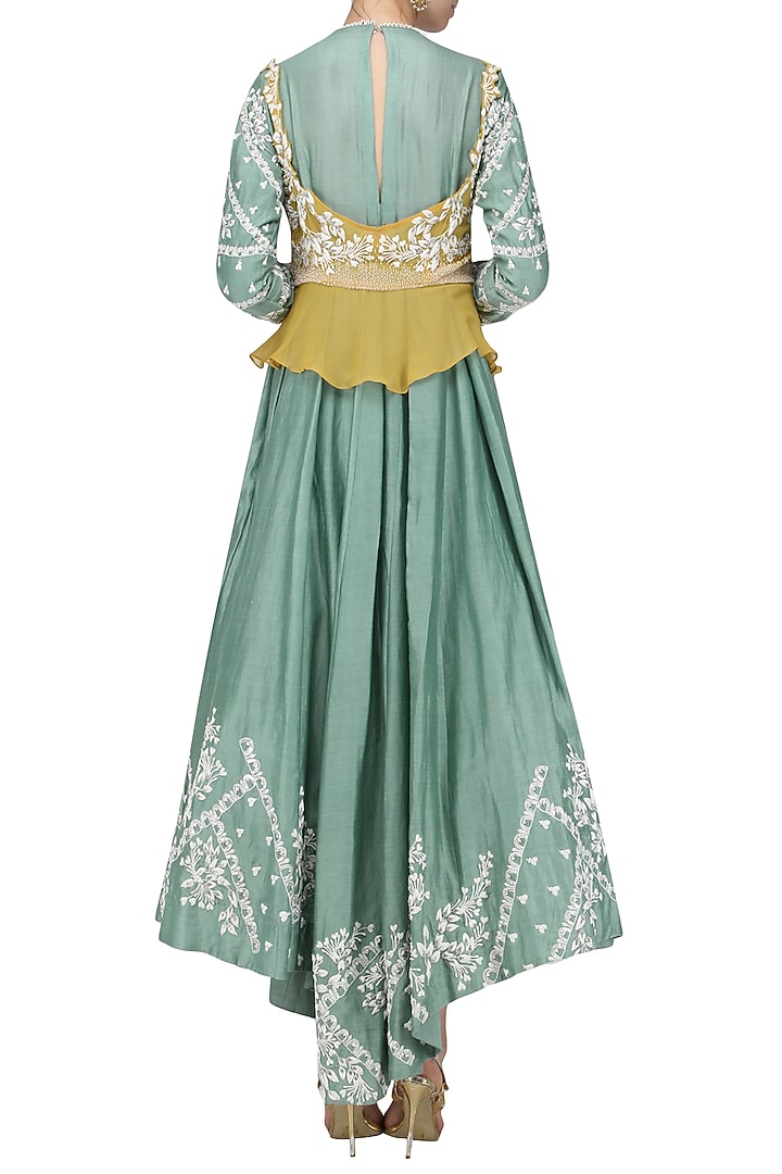 Sage green embroidered anarkali with mustard peplum top available only at Pernia's Pop Up Shop.