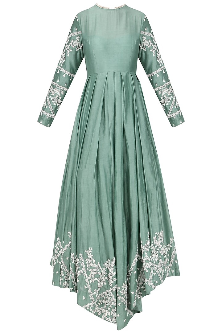 Sage green embroidered anarkali with mustard peplum top available only at Pernia's Pop Up Shop.