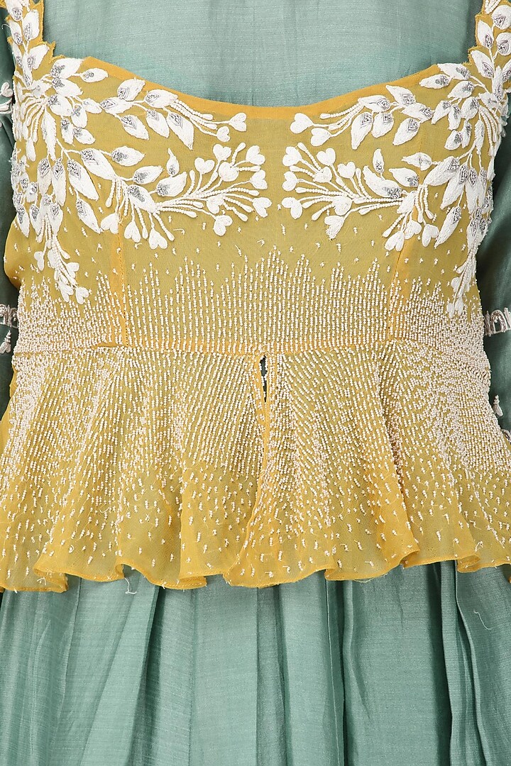 Sage green embroidered anarkali with mustard peplum top available only at Pernia's Pop Up Shop.