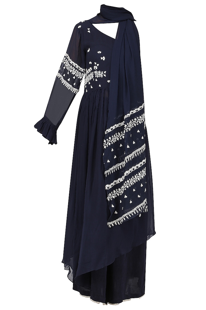 Navy Blue Embroidered Asymmetrical Kurta with Palazzo Pants by Ek Soot