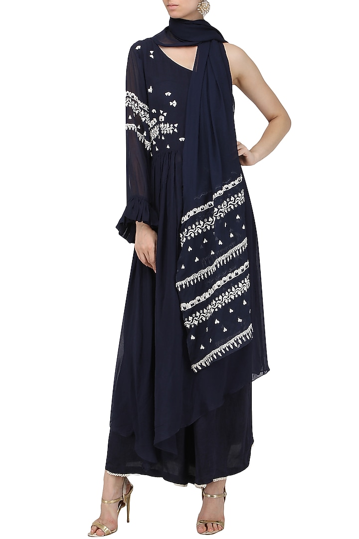 Navy blue embroidered asymmetrical kurta with palazzo pants available only at Pernia's Pop Up Shop.