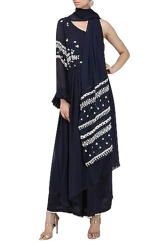 Navy Blue Embroidered Asymmetrical Kurta with Palazzo Pants by Ek Soot