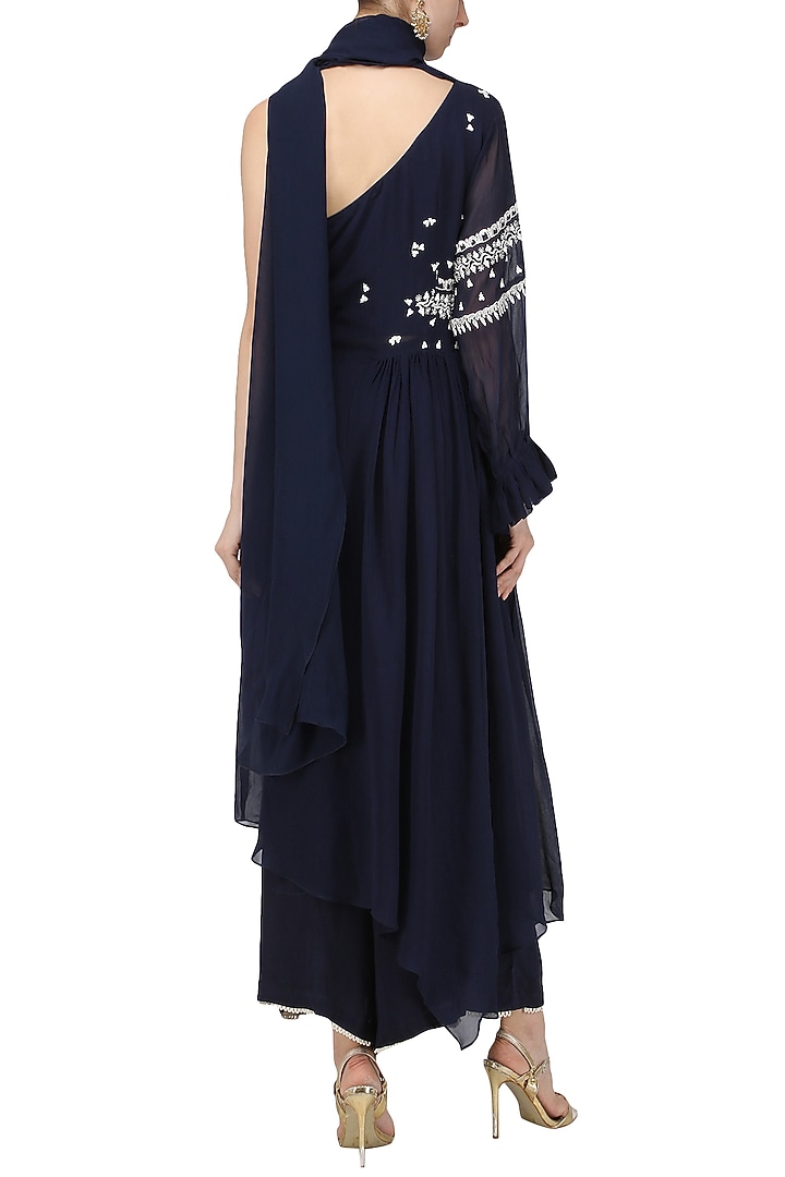 Navy blue embroidered asymmetrical kurta with palazzo pants available only at Pernia's Pop Up Shop.