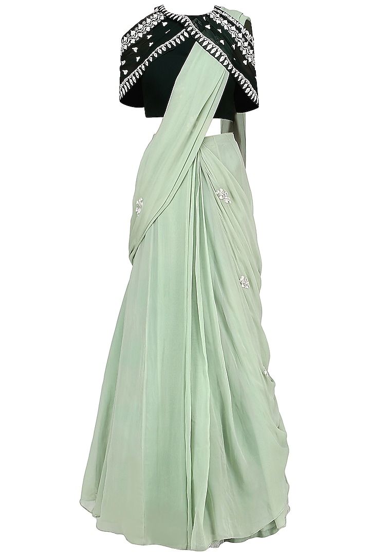 Pista Green Embroidered Lehenga Saree with Blouse by Ek Soot