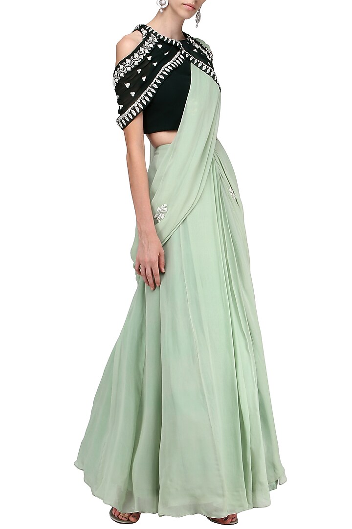 Pista green embroidered lehenga saree with blouse available only at Pernia's Pop Up Shop.