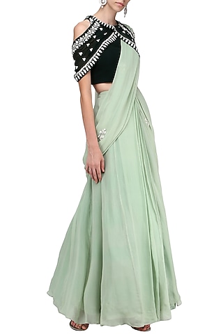 Pista Green Embroidered Lehenga Saree with Blouse by Ek Soot