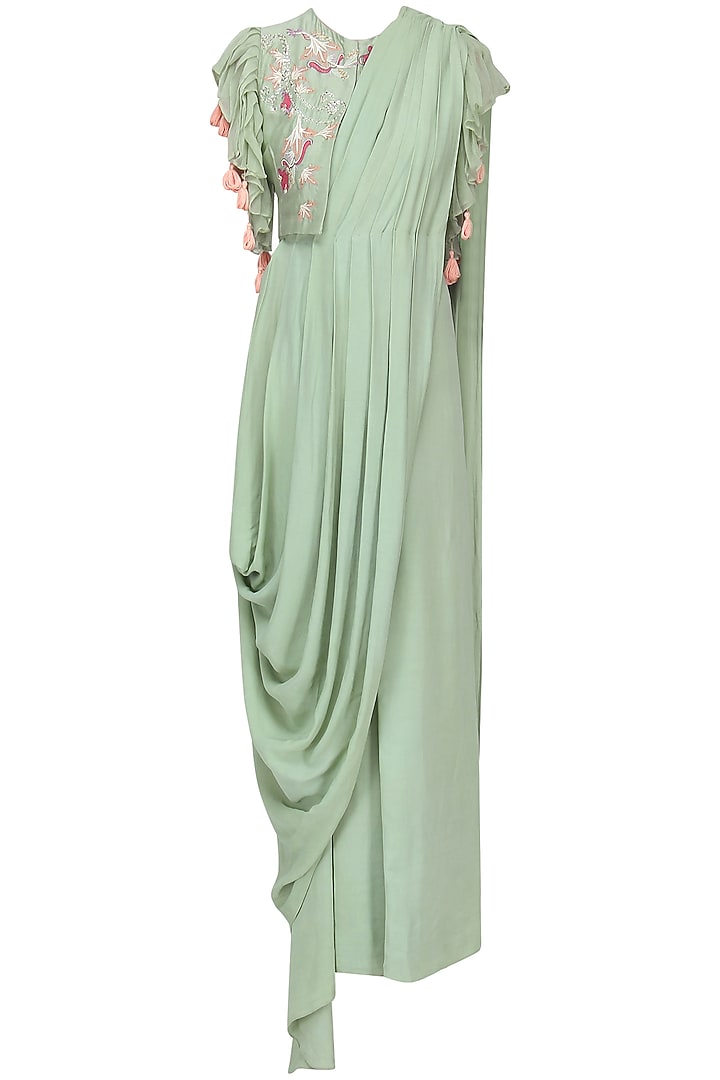 Pista green drape saree with embroidered jacket available only at Pernia's Pop Up Shop.