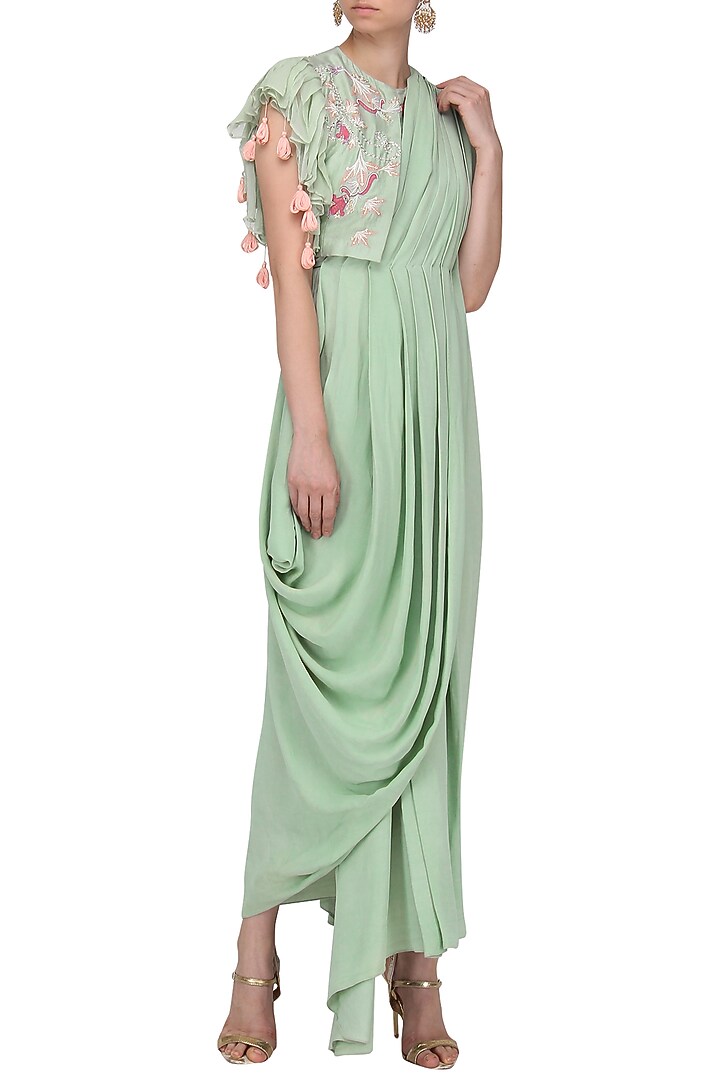 Pista green drape saree with embroidered jacket available only at Pernia's Pop Up Shop.