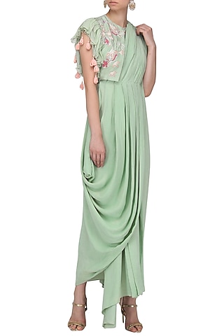 Pista Green Drape Saree with Embroidered Jacket by Ek Soot