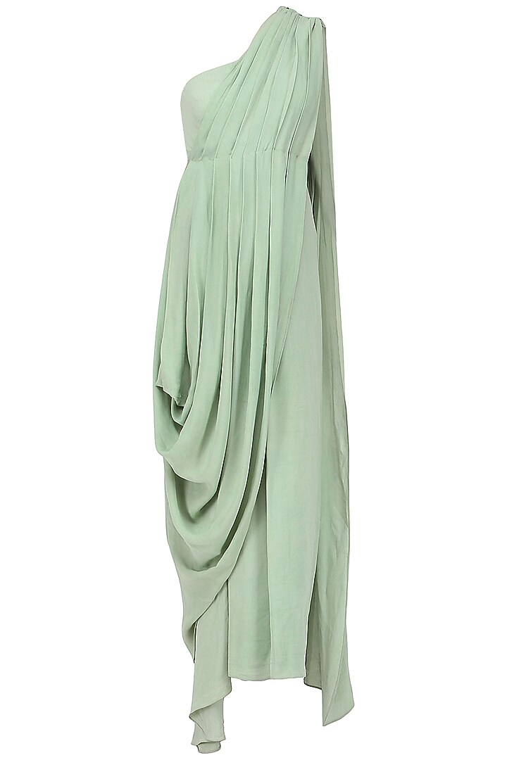Pista green drape saree with embroidered jacket available only at Pernia's Pop Up Shop.