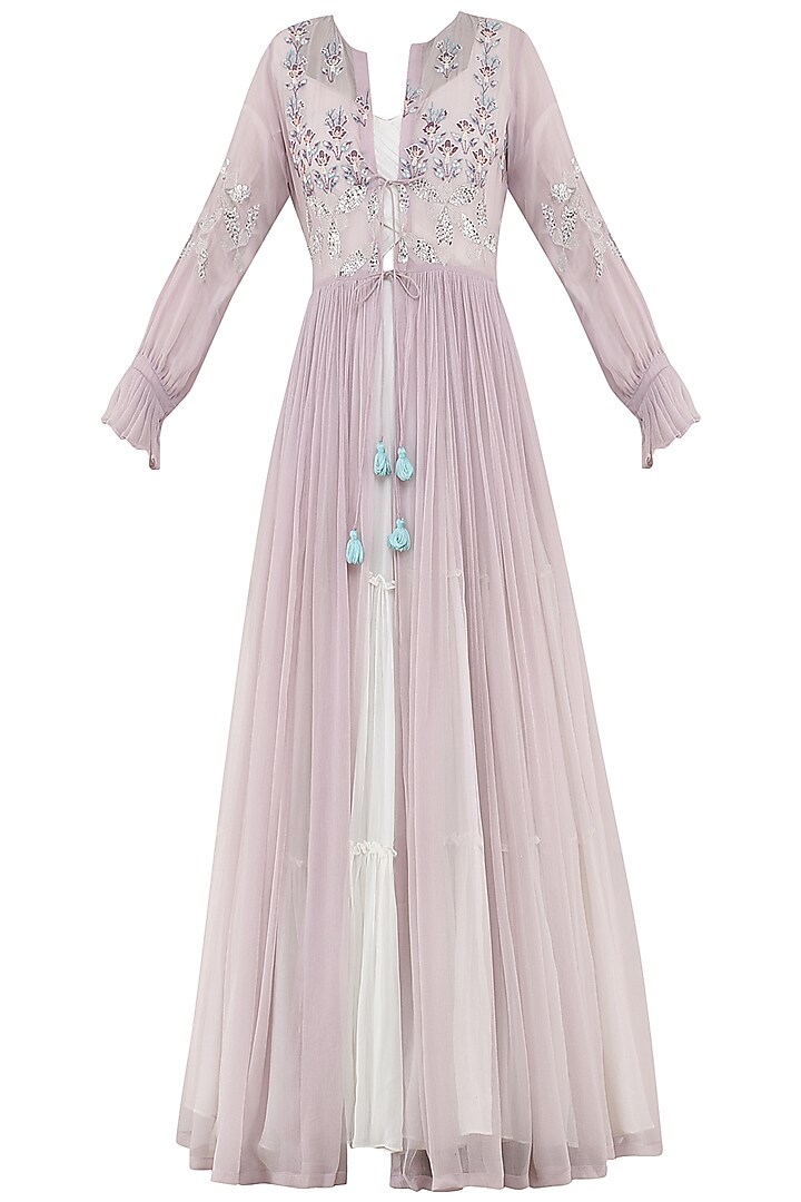 White tiered anarkali with embroidered lavender jacket available only at Pernia's Pop Up Shop.