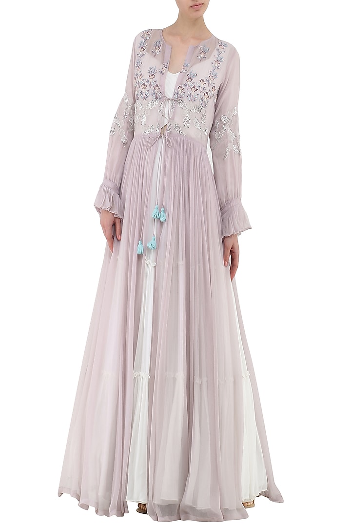 White Tiered Anarkali with Embroidered Lavender Jacket by Ek Soot