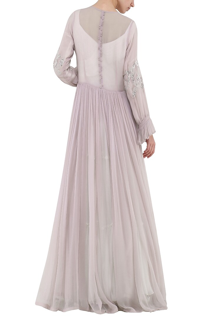 White tiered anarkali with embroidered lavender jacket available only at Pernia's Pop Up Shop.