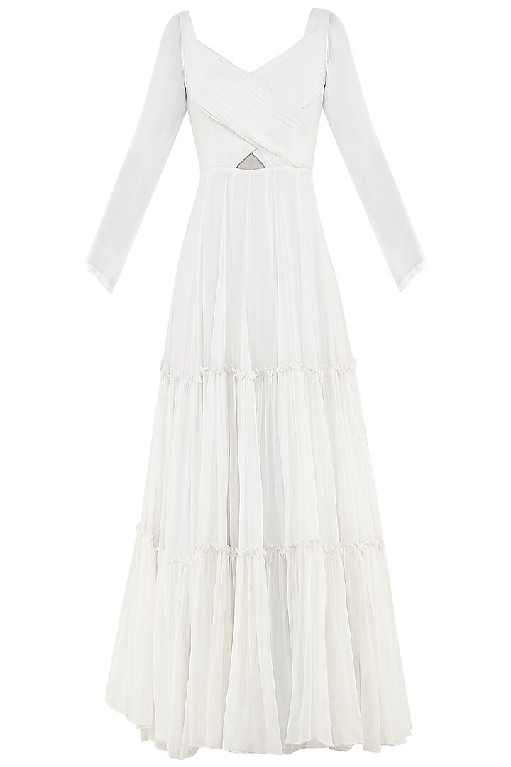 White tiered anarkali with embroidered lavender jacket available only at Pernia's Pop Up Shop.