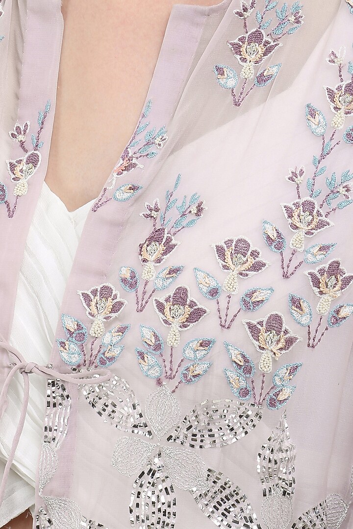 White tiered anarkali with embroidered lavender jacket available only at Pernia's Pop Up Shop.