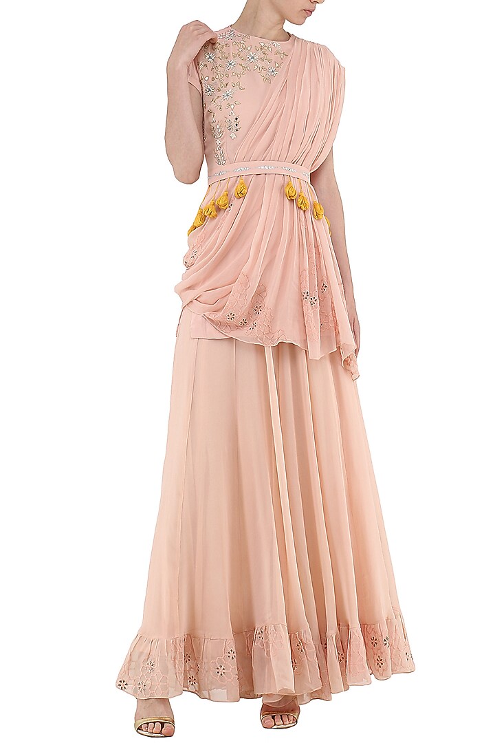 Peach embroidered kurta with sharara pants set available only at Pernia's Pop Up Shop.