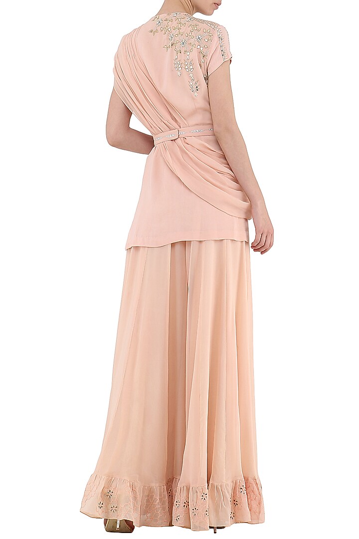 Peach embroidered kurta with sharara pants set available only at Pernia's Pop Up Shop.